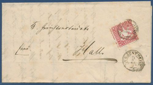 Württemberg Faltbrief mit 3 Kreuzer 26 a, K 3 MERGENTHEIM nach Hall (X41521)