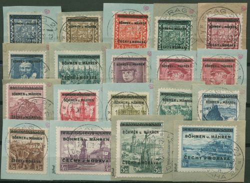 Böhmen und Mähren 1939 Freimarken 1/19 gestempelt Briefstücke, teils signiert