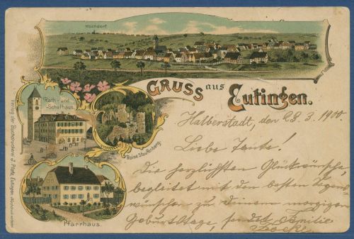 Eutingen Schule Pfarrhaus Freudenstadt, gelaufen 1900 Marke fehlt (AK5647)