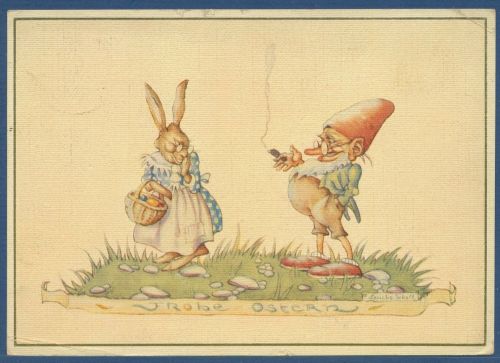 Frohe Ostern Häsin und Zwerg mit Zigarre, gelaufen 1936 (AK5618)