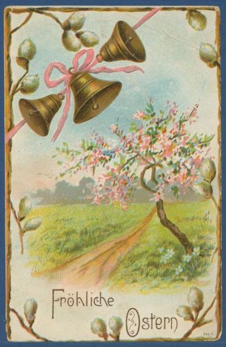 Fröhliche Ostern Glocken Blühender Baum Prägekarte, ungebraucht (AK5612)