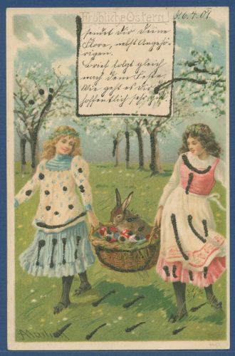 Fröhliche Ostern Mädchen mit Osterhasen im Korb, gelaufen 1901 (AK5607)
