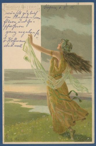 Fröhliche Ostern Dame in Flußlandschaft, gelaufen 1901 (AK5606)