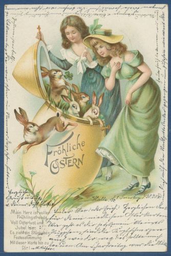 Fröhliche Ostern Mädchen mit Hasen und Osterei, gelaufen 1902 (AK5605)
