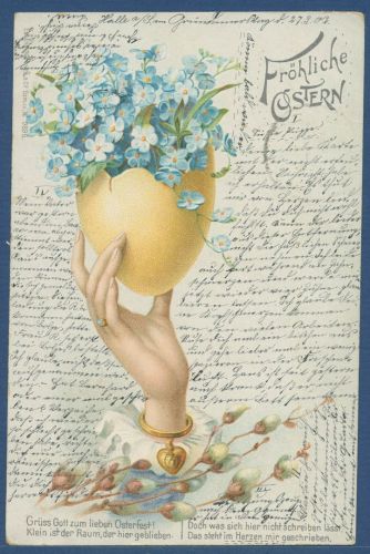 Fröhliche Ostern Hand mit Eischale und Vergißmeinnicht, gelaufen 1902 (AK5604)