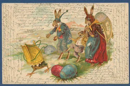 Fröhliche Ostern Familie Hase mit Kiepen unterwegs, gelaufen 1902 (AK5603)