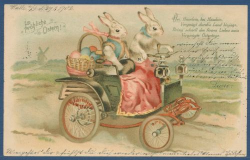 Fröhliche Ostern Hasen im Automobil unterwegs, gelaufen 1902 (AK5602)