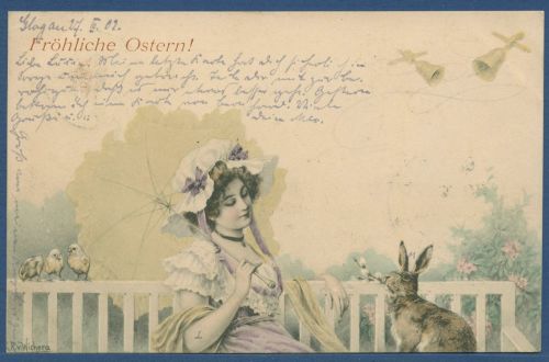 Fröhliche Ostern Mädchen und Hase auf einer Bank, gelaufen 1902 (AK5601)
