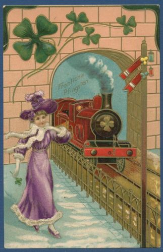 Fröhliche Pfingsten Kleeblätter Eisenbahn Prägekarte, ungebraucht (AK5614)