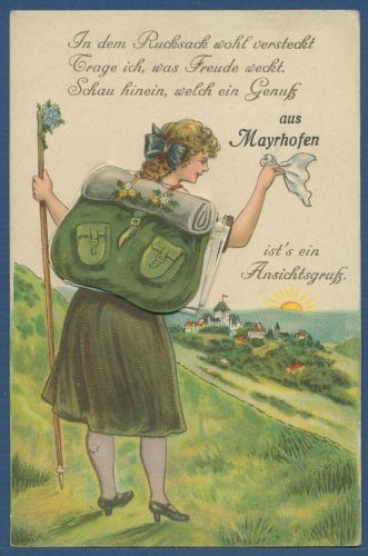 Gruß aus Mayrhofen Mädchen mit Rucksack, Leporello, gelaufen 1930 (AK5608)