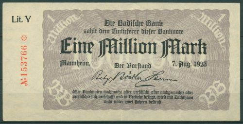 Badische Bank 1 Million Mark 1923 Lit. Y, BAD-11b. gebraucht (K1577)