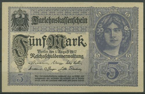 Dt. Reich 5 Mark 1917, DEU-61b Serie Z, fast kassenfrisch (K1469)
