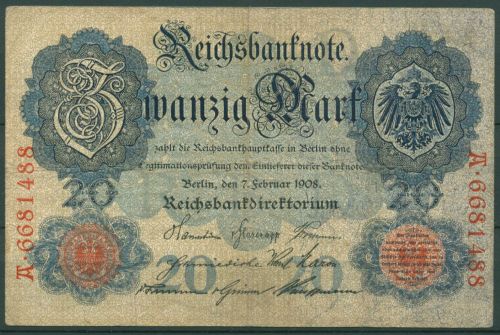 Dt. Reich 20 Mark 1908, DEU-29, gebraucht (K1558)