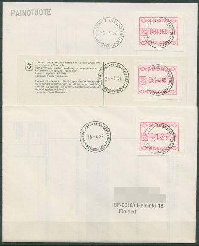 Finnland ATM 1982 kl. Posthörner 3 Werte ATM 1.1 S1 Brief, HELSINKI (X80553)