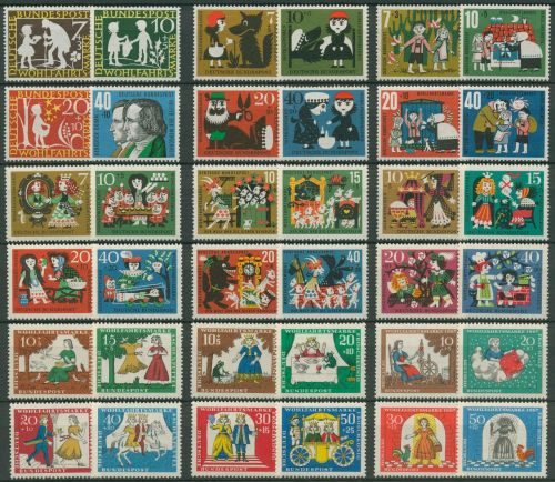 Bund 1959/69 Wohlfahrt 9 komplette Sätze Märchen Brüder Grimm postfrisch (SG7)
