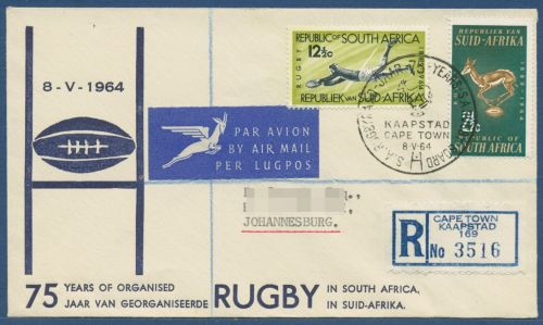 Südafrika 1964 75 Jahre Rugby-Verein 339/40 FDC, R-Brief (X41527)