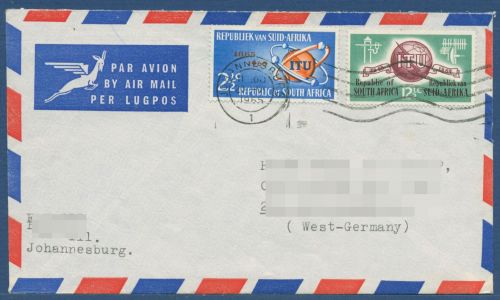 Südafrika 1965 100 Jahre Internat. Fernmeldeunion ITU 344/45 auf Brief (X41533)