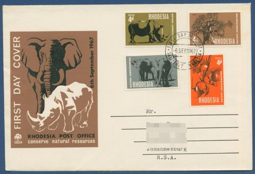 Rhodesien 1967 Naturschutz Affenbrotbaum Elefant Nashorn 66/69 FDC (X41554)