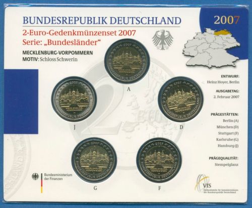 Deutschland 2 Euro 2007 Mecklenburg-Vorpommern Originalsatz st OVP (m1454)