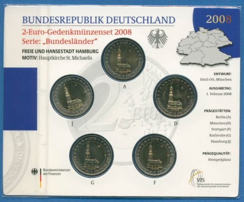 Deutschland 2 Euro 2008 Hamburg Originalsatz st OVP (m1455)