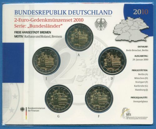 Deutschland 2 Euro 2010 Bremen Originalsatz st OVP (m1457)