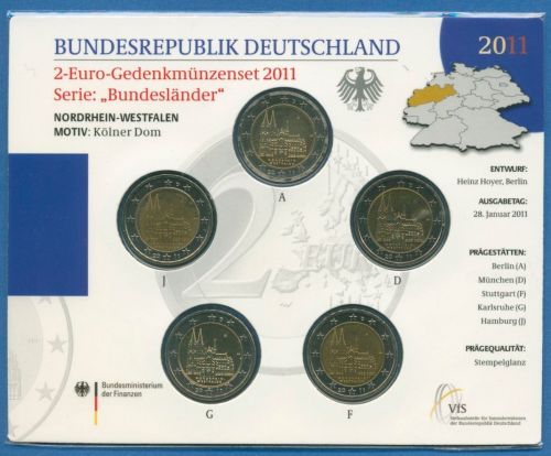 Deutschland 2 Euro 2011 Nordrhein-Westfalen Originalsatz st OVP (m1458)