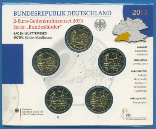 Deutschland 2 Euro 2013 Baden-Württemberg Originalsatz st OVP (m1460)