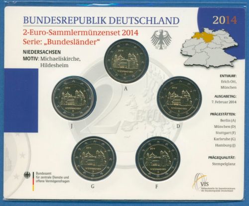 Deutschland 2 Euro 2014 Niedersachsen Originalsatz st OVP (m1461)