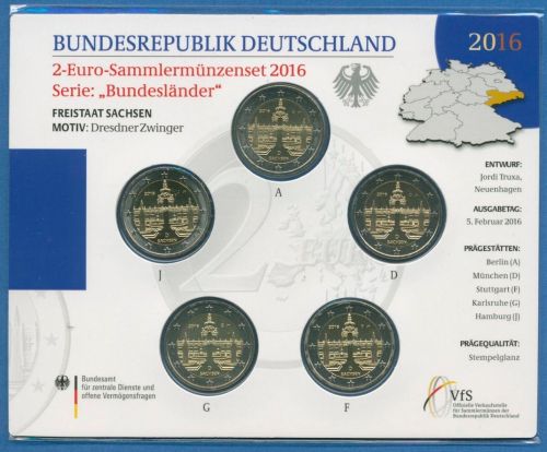 Deutschland 2 Euro 2016 Sachsen Originalsatz st OVP (m1463)