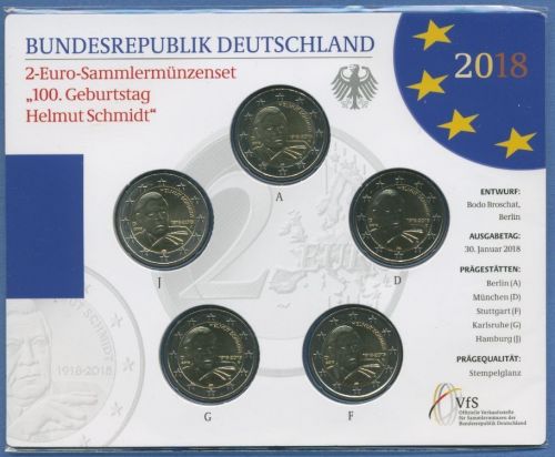 Deutschland 2 Euro 2018 Helmut Schmidt Originalsatz st OVP (m1711)