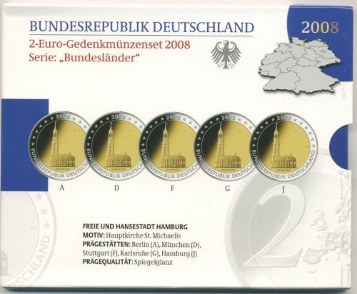 Deutschland 2 Euro 2008 Hamburg Originalsatz Polierte Platte PP (m1714)