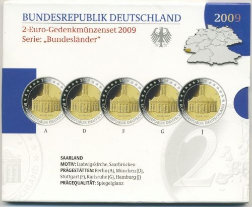 Deutschland 2 Euro 2009 Saarland Originalsatz Polierte Platte PP (m1715)