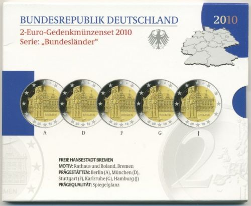 Deutschland 2 Euro 2010 Bremen Originalsatz Polierte Platte PP (m1716)