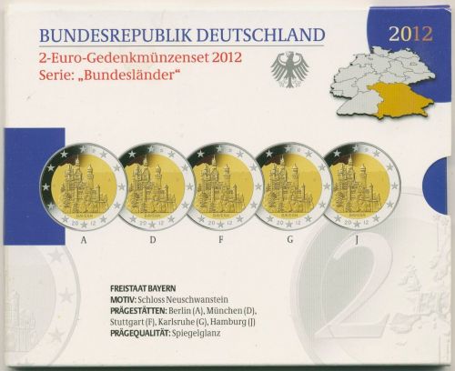 Deutschland 2 Euro 2012 Bayern Originalsatz Polierte Platte PP (m1718)