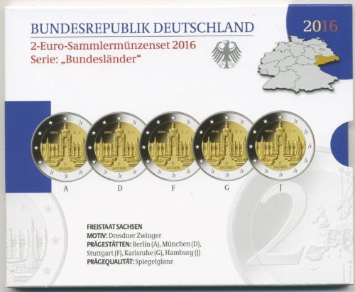 Deutschland 2 Euro 2016 Sachsen Originalsatz Polierte Platte PP (m1722)
