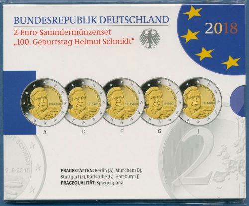 Deutschland 2 Euro 2018 Helmut Schmidt Originalsatz Polierte Platte PP (m2487)