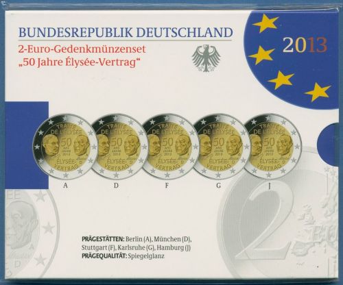 Deutschland 2 Euro 2013 Élysée-Vertrag Originalsatz Polierte Platte PP (m2491)