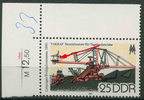 DDR 1981 Leipziger Frühjahrsmesse mit Plattenfehler 2594 F 1 Ecke postfrisch