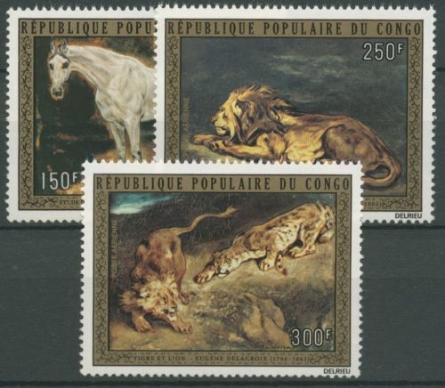 Kongo (Brazzaville) 1973 Gemälde von Delacroix Pferd Löwe 369/71 postfrisch