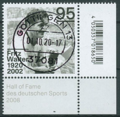 Bund 2020 Fußballspieler Fritz Walter 3568 Ecke 4 mit TOP-Stempel (E4106)