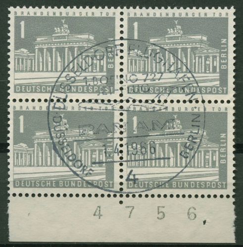 Berlin 1956 Stadtbilder Walze, Bogennummer 140 yw Bg.-Nr. 4er-Block gestempelt