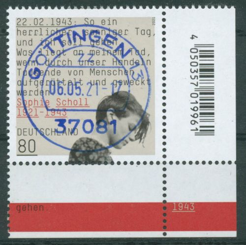 Bund 2021 Sophie Scholl 3606 Ecke 4 mit TOP-Stempel (E4132)