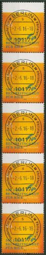 Bund 2016 Reinheitsgebot Rollenmarke 5er-Streifen mit Nr. 3229 R gestempelt