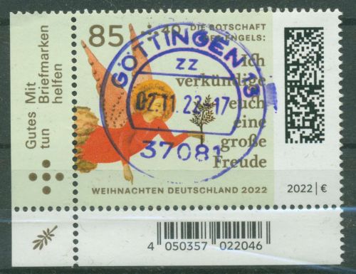 Bund 2022 Weihnachten Engel 3724 Ecke 3 mit TOP-Stempel (E4249)