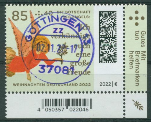 Bund 2022 Weihnachten Engel 3724 Ecke 4 mit TOP-Stempel (E4250)