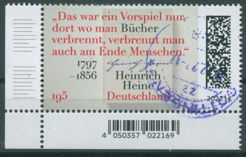 Bund 2022 Schriftsteller Heinrich Heine 3731 Ecke 3 gestempelt (E4259)