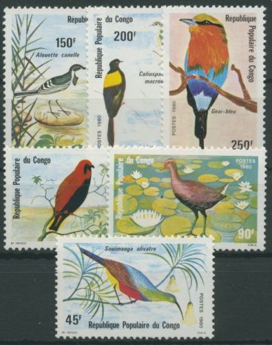 Kongo (Brazzaville) 1980 Vögel Wasserhuhn Kardinalweber 771/76 postfrisch
