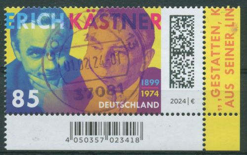 Bund 2024 Autor Erich Kästner 3814 Ecke 4 mit TOP-Stempel (E4038)