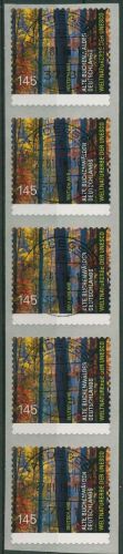 Bund 2014 Buchenwälder Rollenmarke sk 3087 5er-Streifen mit Nr. TOP-Stempel