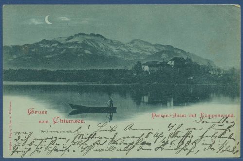 Gruss vom Chiemsee Herren-Insel mit Kampenwand, gelaufen 1928 (AK5680)